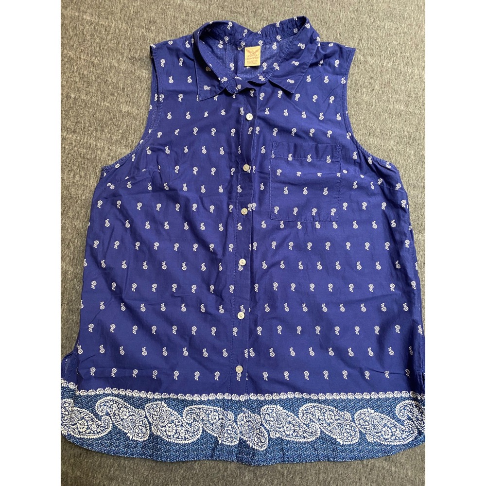 Faded Glory Womens Blue Floral Paisley Sleeveless Cotton Button Shirt XL 16-18